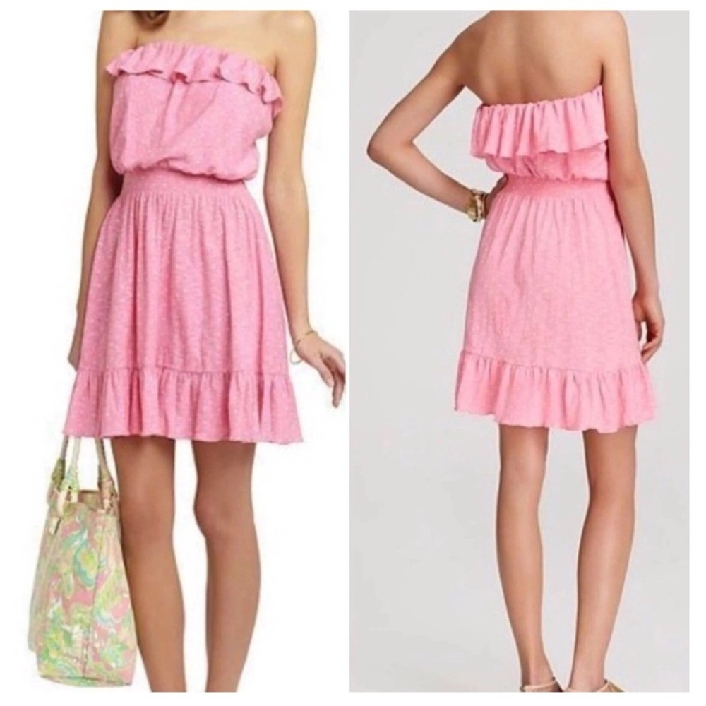 Lilly Pulitzer Tube Dress Medium Pink Ruffle Smocked Polka Dot Strapless Cotton